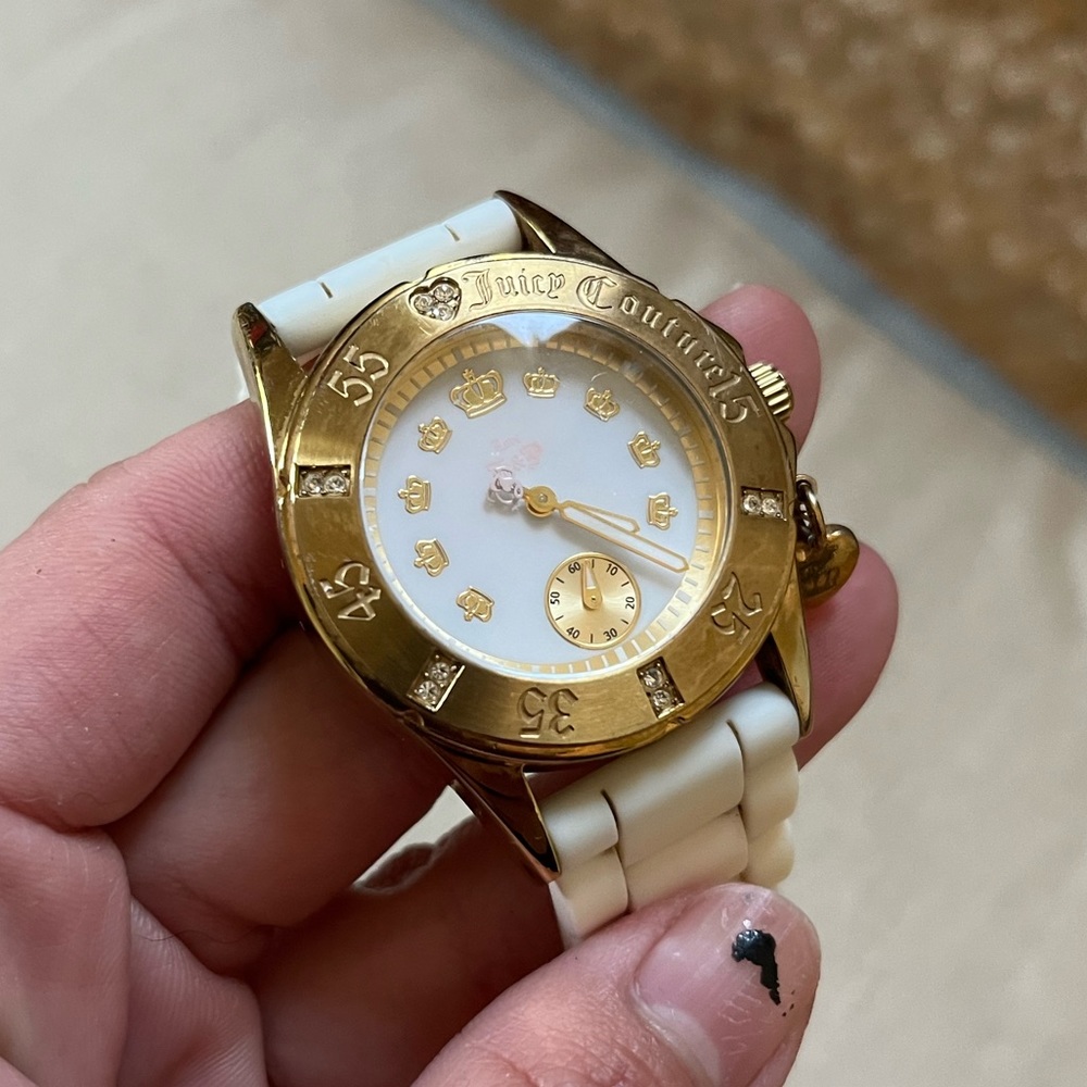 JUICY COUTURE white and gold WATCH with rhinestones and heart pendant